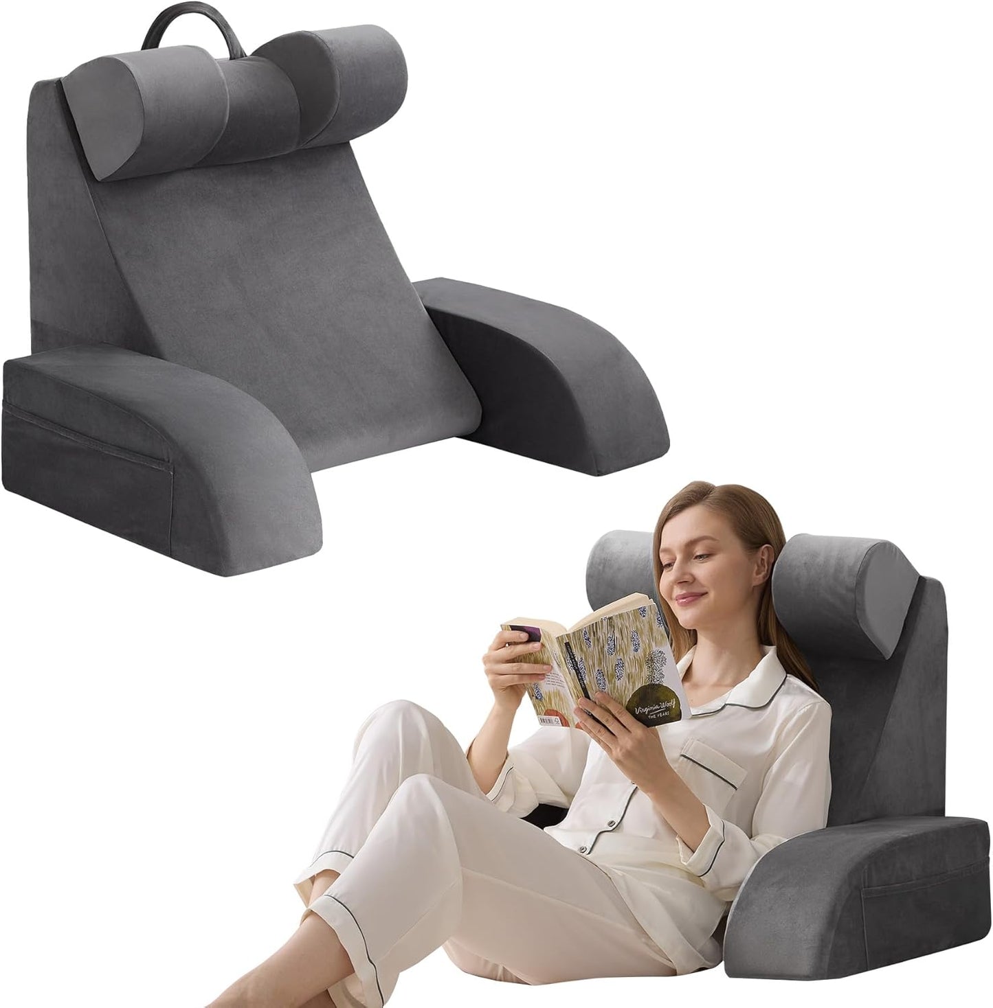 Bourkimi Medium Foam Reading Pillow with Detachable Arms and Headrest, Bed Rest Back Support Pillow with Side Pockets