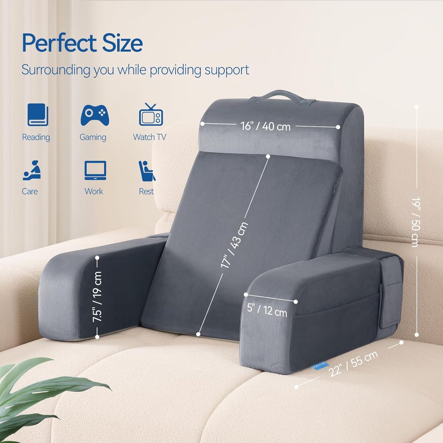 Bourkimi Adjustable Reading Pillow with Convertible Backrest, Memory Foam Bed Rest Pillow with Removable Arms and Side Pockets