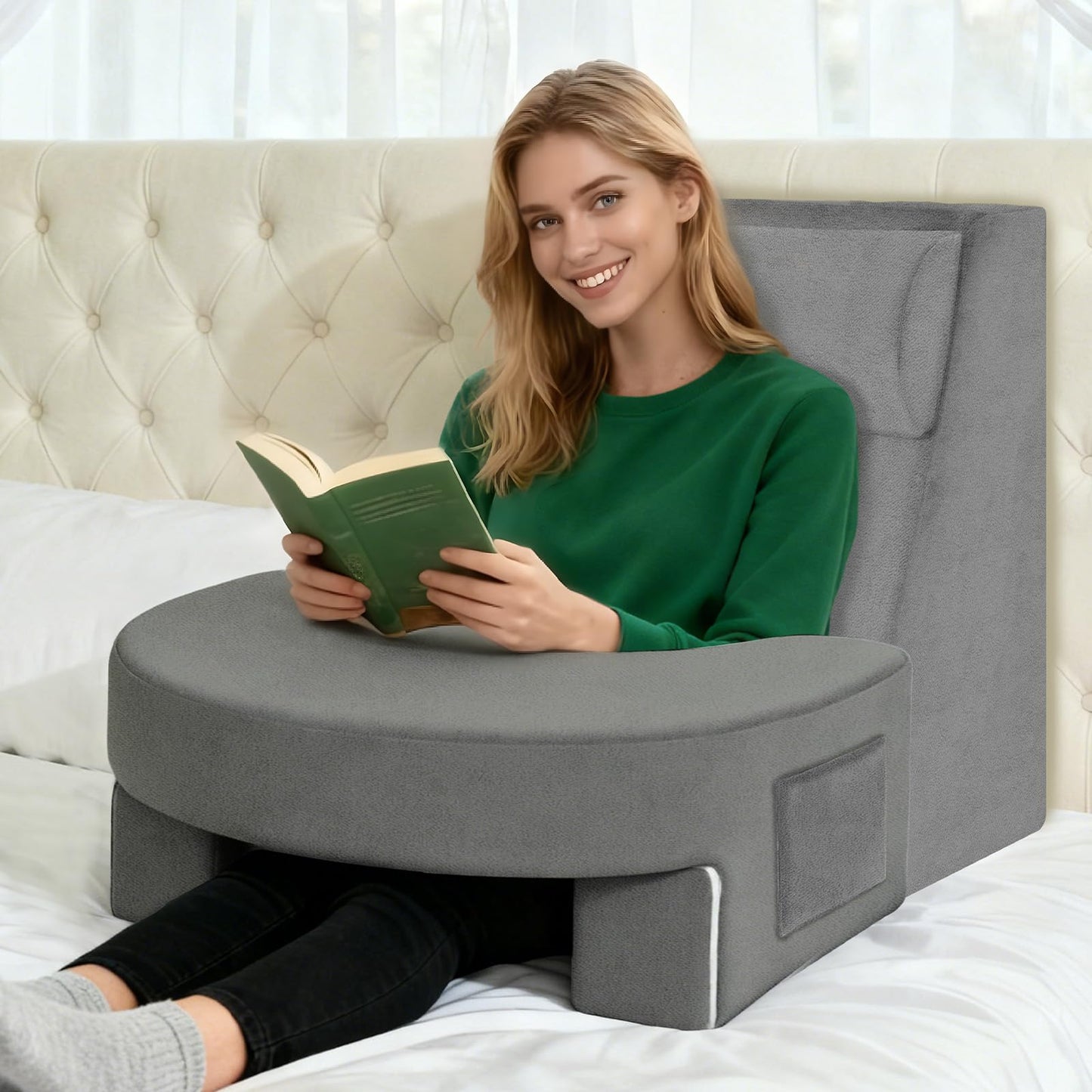 Bourkimi Adjustable 3-Piece Reading Wedge Pillow Set with Laptop Tray, Modular Bed Rest Support System with Side Pockets