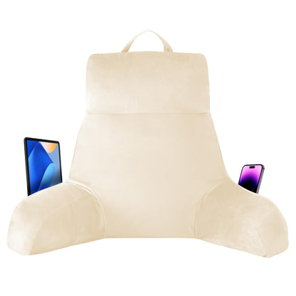 Bourkimi 18-Inch Shredded Memory Foam Reading Pillow with Arms, Velvet Bed Rest Back Support Pillow with Side Pocket