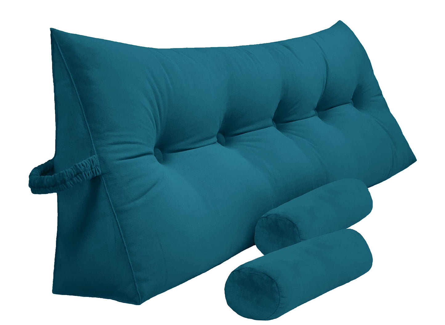 Bourkimi Queen Size Velvet Headboard Wedge Pillow Set with 2 Detachable Neck Rolls and Removable Washable Cover