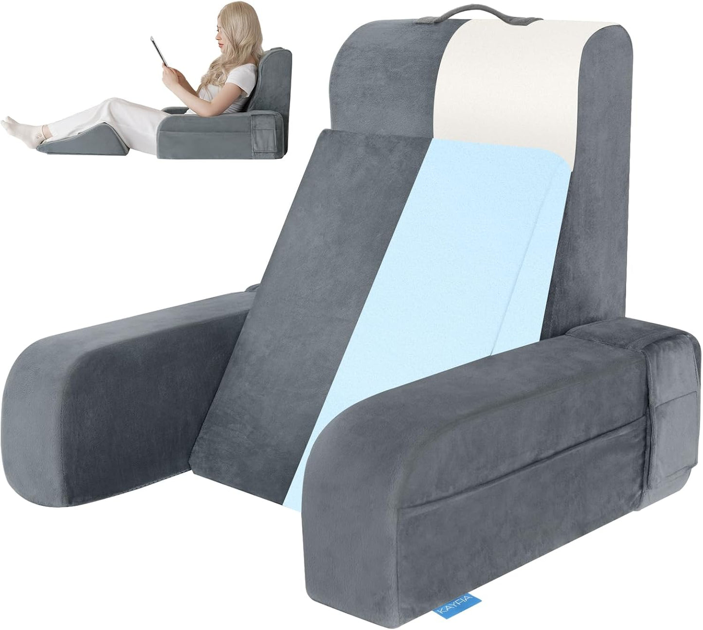 Bourkimi Adjustable Reading Pillow with Convertible Backrest, Memory Foam Bed Rest Pillow with Removable Arms and Side Pockets