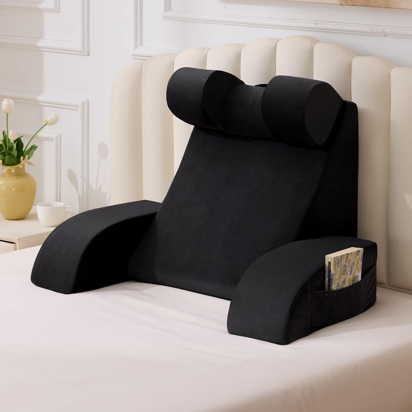 Bourkimi Medium Foam Reading Pillow with Detachable Arms and Headrest, Bed Rest Back Support Pillow with Side Pockets