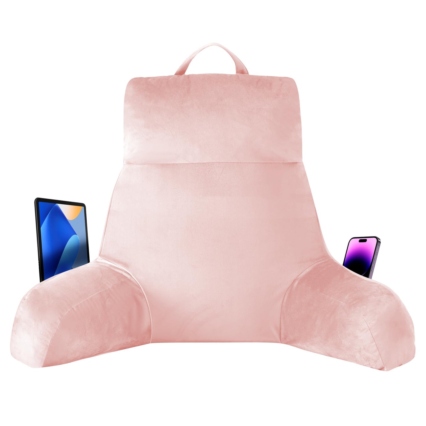 Bourkimi 18-Inch Shredded Memory Foam Reading Pillow with Arms, Velvet Bed Rest Back Support Pillow with Side Pocket