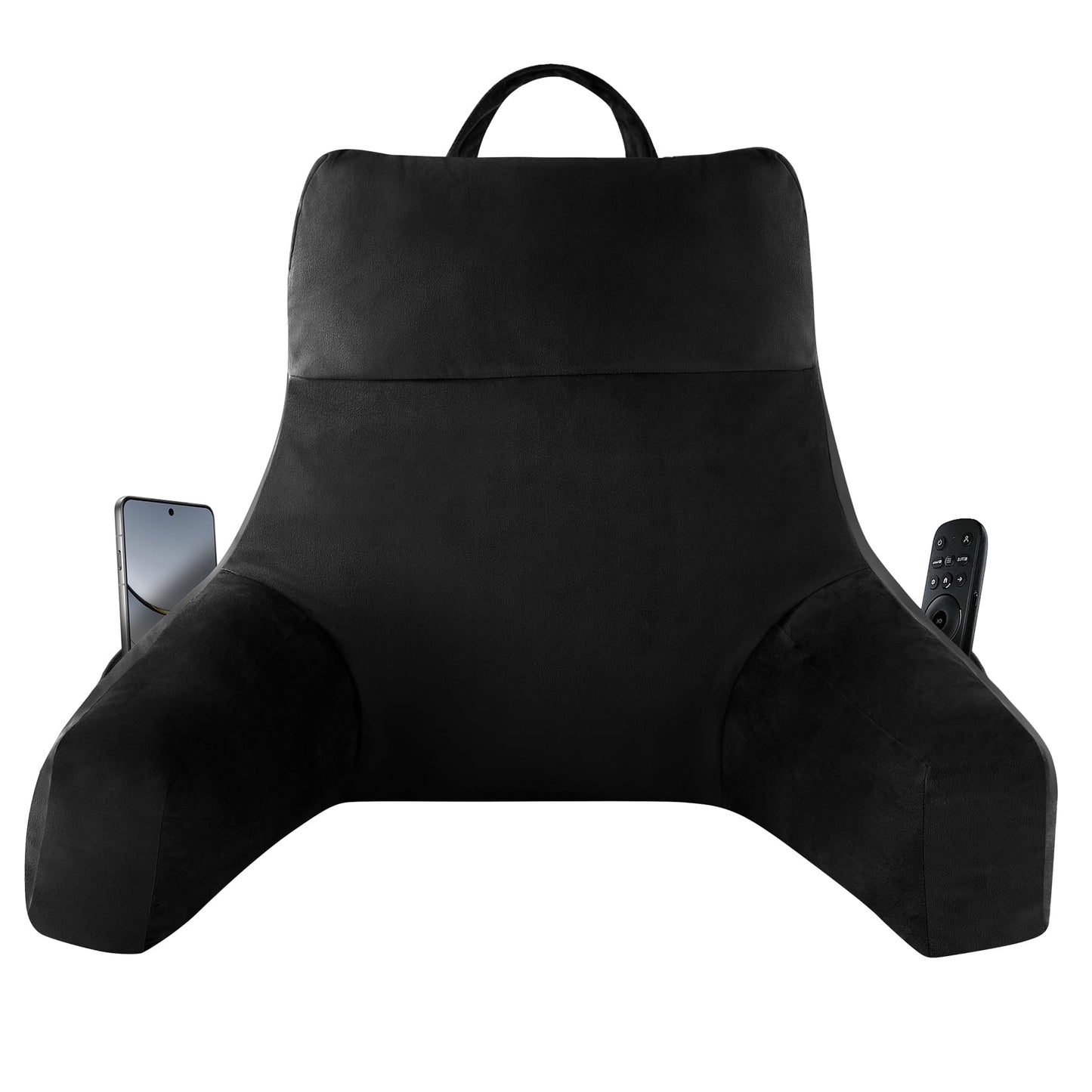 Bourkimi 18-Inch Shredded Memory Foam Reading Pillow with Arms, Velvet Bed Rest Back Support Pillow with Side Pocket