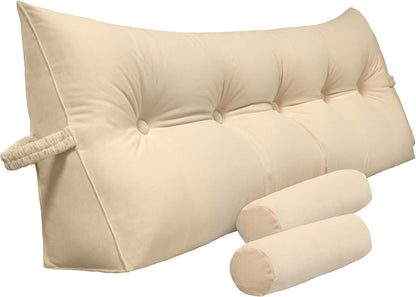 Bourkimi Queen Size Velvet Headboard Wedge Pillow Set with 2 Detachable Neck Rolls and Removable Washable Cover