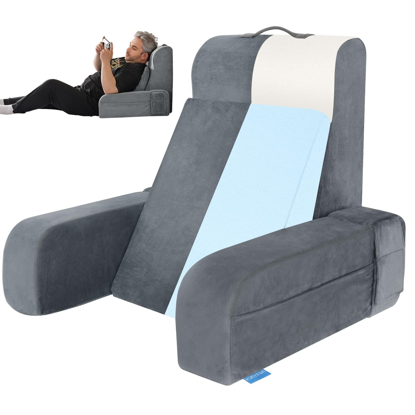 Bourkimi Adjustable Reading Pillow with Convertible Backrest, Memory Foam Bed Rest Pillow with Removable Arms and Side Pockets