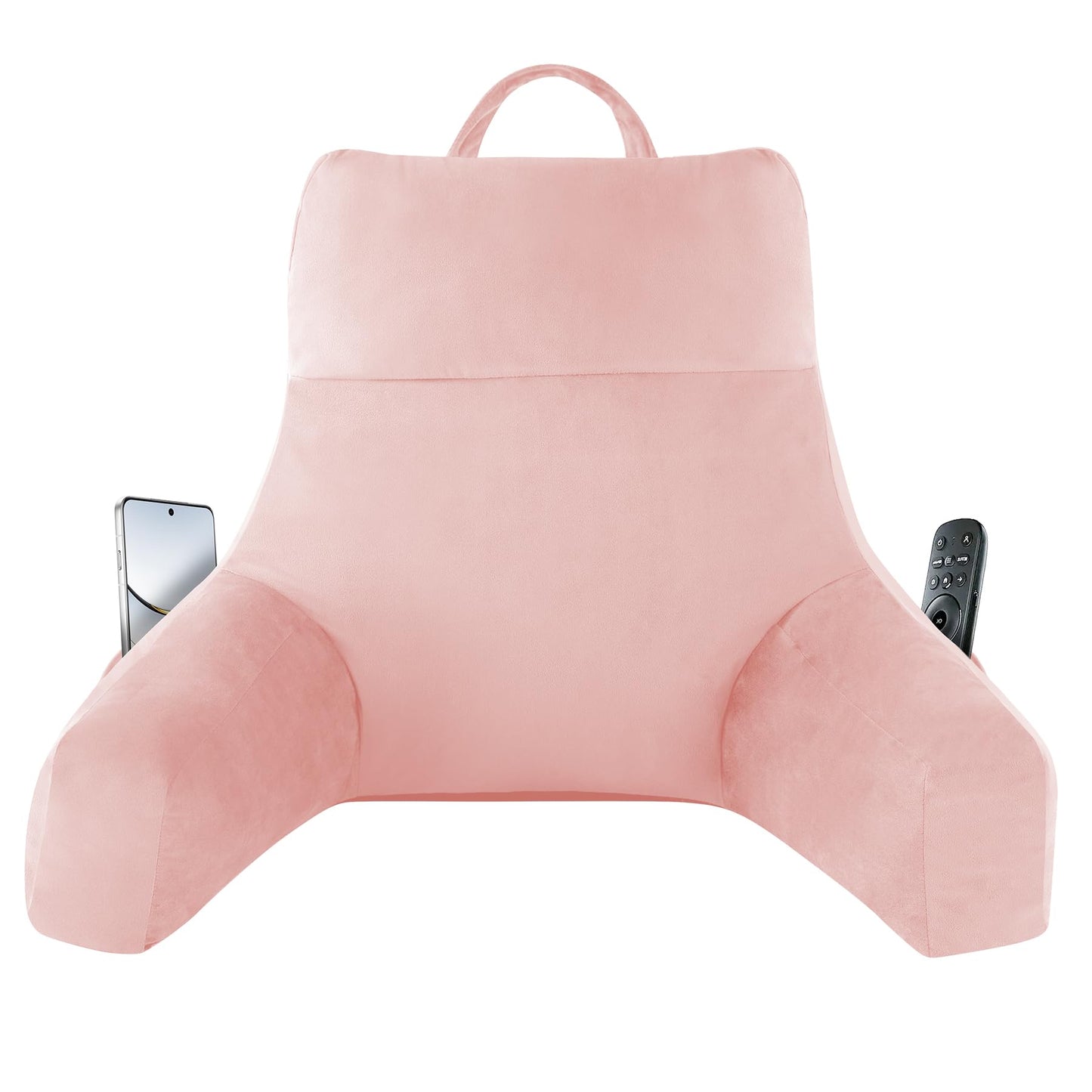 Bourkimi 18-Inch Shredded Memory Foam Reading Pillow with Arms, Velvet Bed Rest Back Support Pillow with Side Pocket