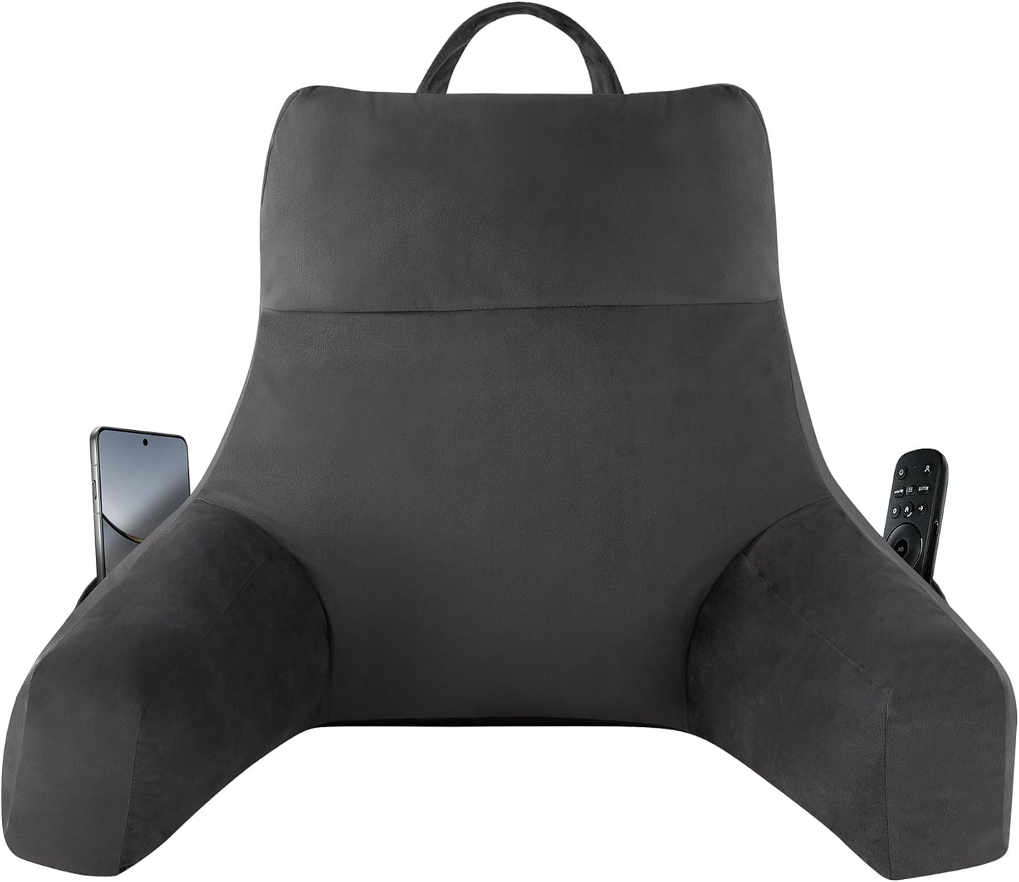 Bourkimi 18-Inch Shredded Memory Foam Reading Pillow with Arms, Velvet Bed Rest Back Support Pillow with Side Pocket