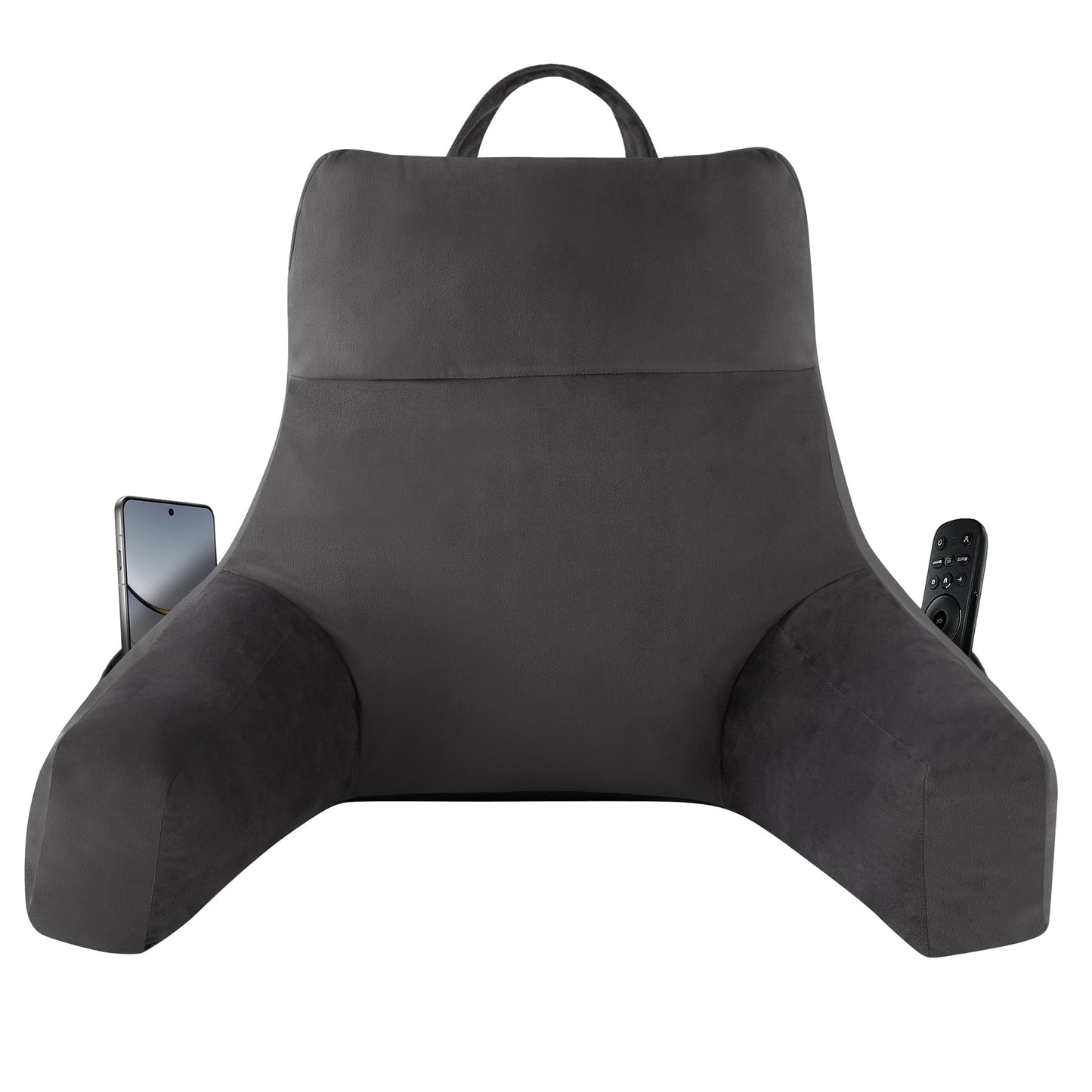 Bourkimi 18-Inch Shredded Memory Foam Reading Pillow with Arms, Velvet Bed Rest Back Support Pillow with Side Pocket