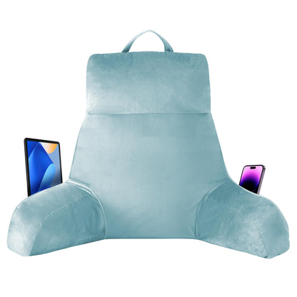 Bourkimi 18-Inch Shredded Memory Foam Reading Pillow with Arms, Velvet Bed Rest Back Support Pillow with Side Pocket