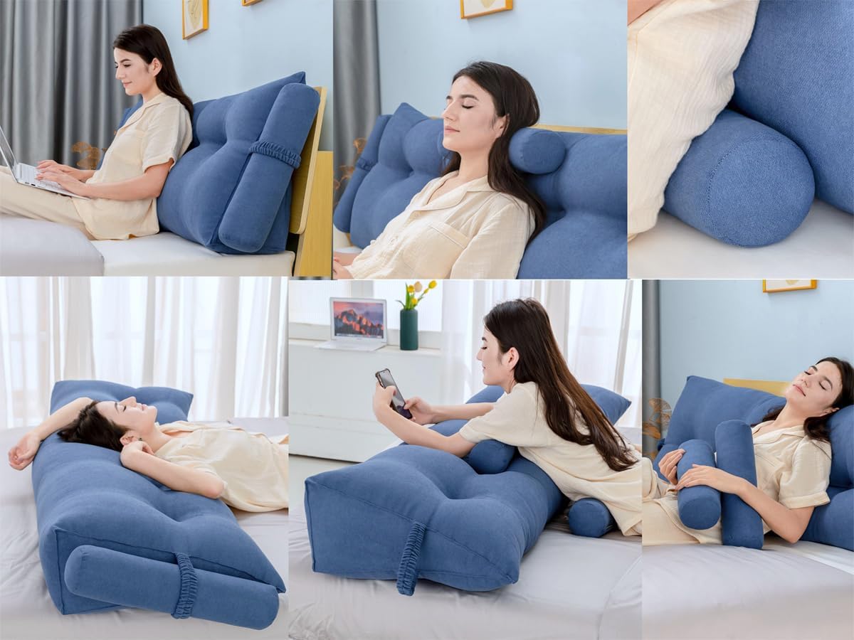 Bourkimi Queen Size Velvet Headboard Wedge Pillow Set with 2 Detachable Neck Rolls and Removable Washable Cover
