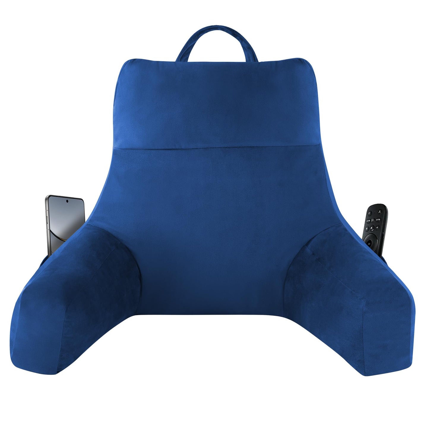 Bourkimi 18-Inch Shredded Memory Foam Reading Pillow with Arms, Velvet Bed Rest Back Support Pillow with Side Pocket