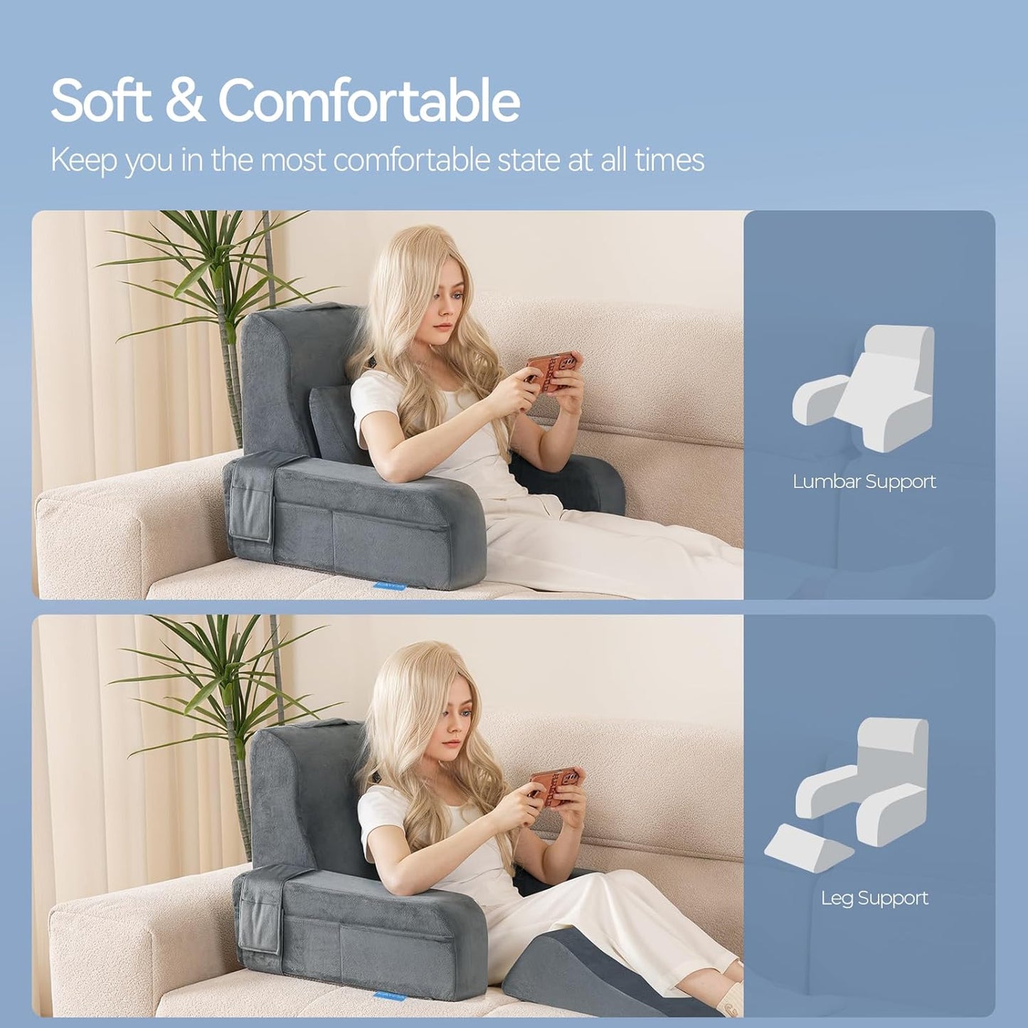 Bourkimi Adjustable Reading Pillow with Convertible Backrest, Memory Foam Bed Rest Pillow with Removable Arms and Side Pockets