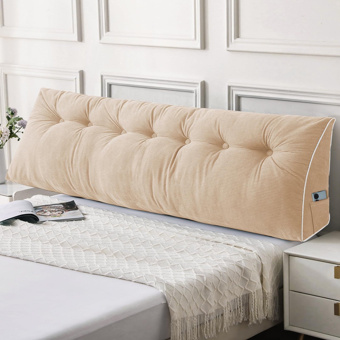 Bourkimi Queen Size Wedge Headboard Pillow Set with 2 Bolster Pillows, Velvet Back Support Reading Pillow with Removable Washable Cover