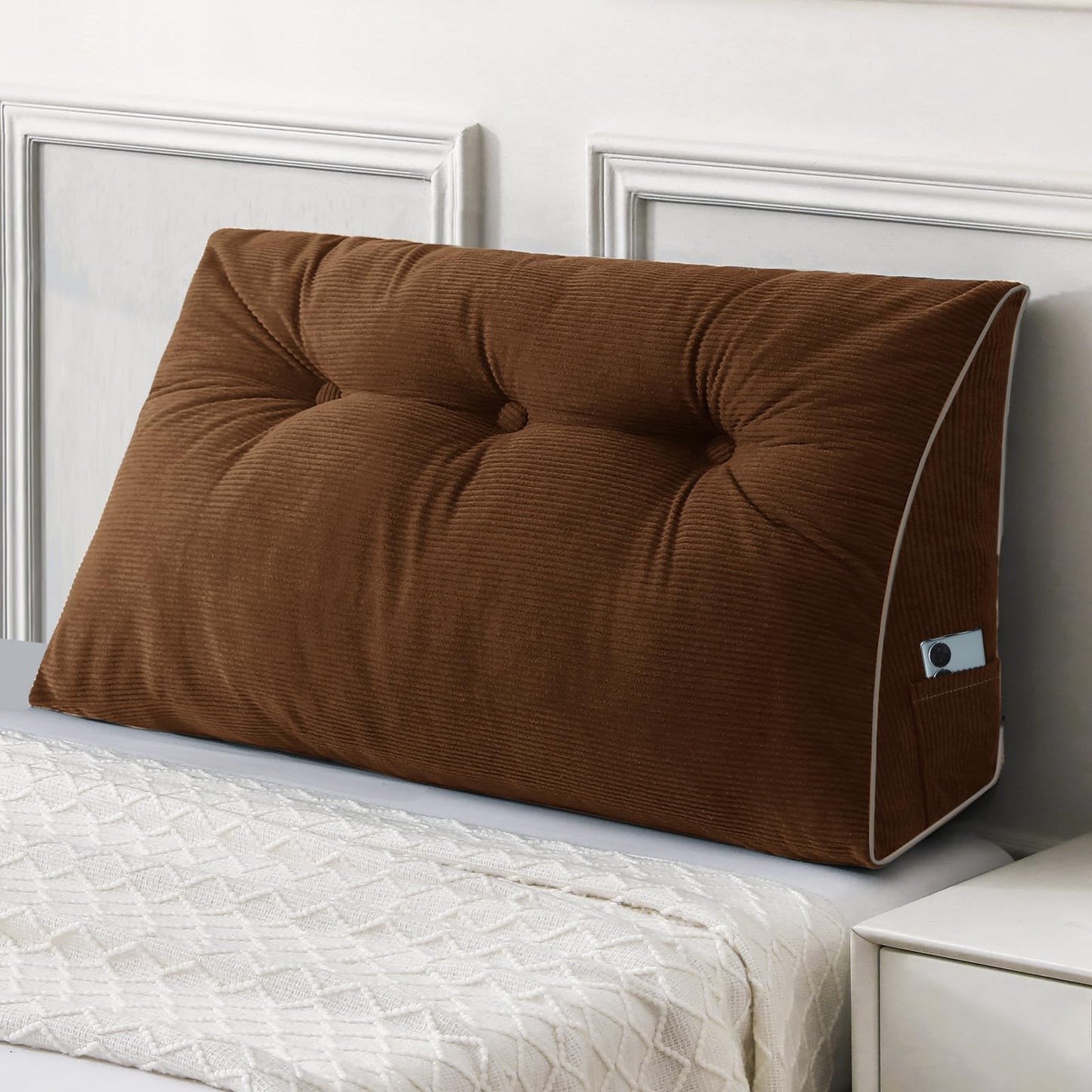Bourkimi Queen Size Wedge Headboard Pillow Set with 2 Bolster Pillows, Velvet Back Support Reading Pillow with Removable Washable Cover