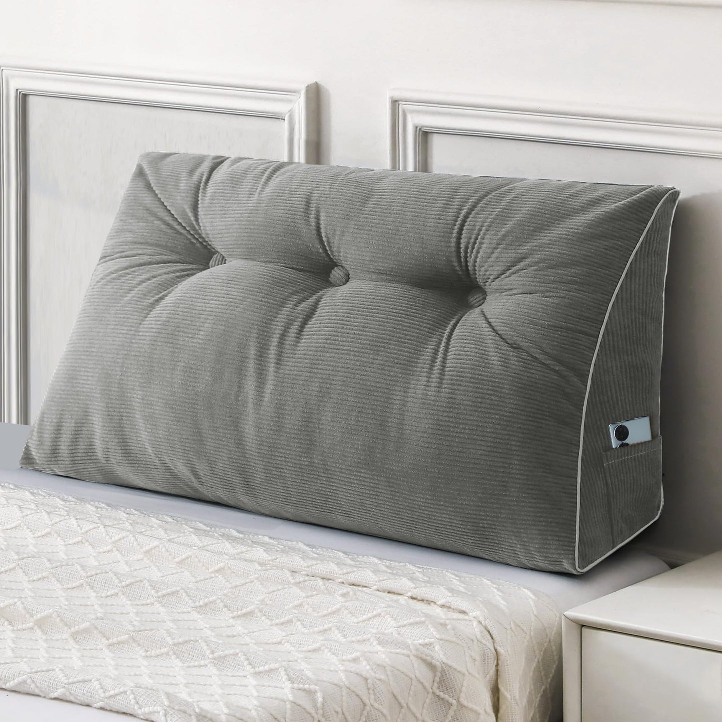 Bourkimi Queen Size Wedge Headboard Pillow Set with 2 Bolster Pillows, Velvet Back Support Reading Pillow with Removable Washable Cover