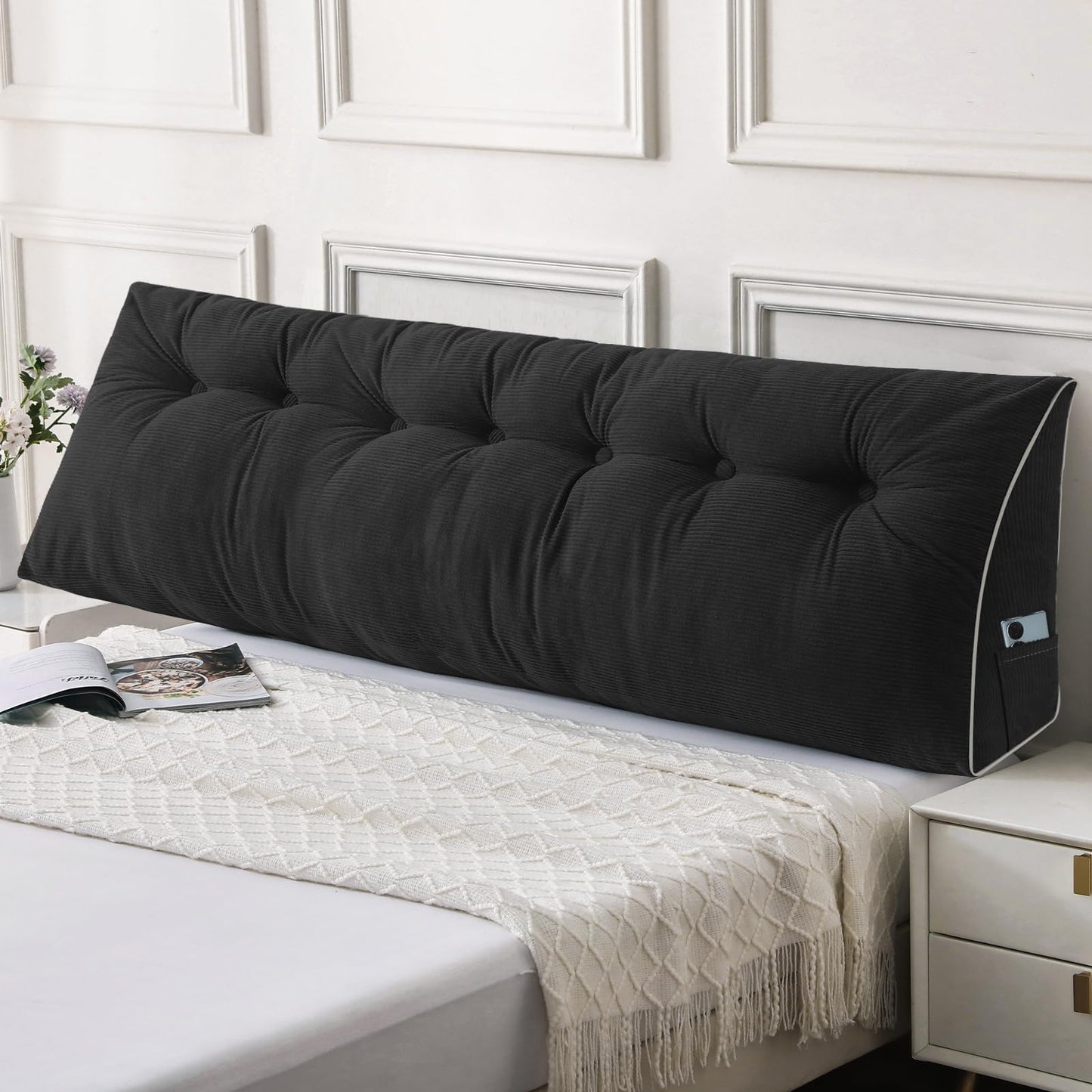 Bourkimi Queen Size Wedge Headboard Pillow Set with 2 Bolster Pillows, Velvet Back Support Reading Pillow with Removable Washable Cover