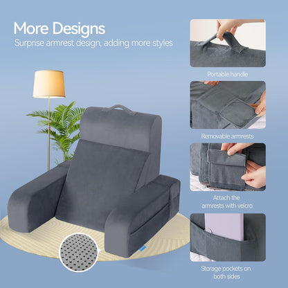 Bourkimi Adjustable Reading Pillow with Convertible Backrest, Memory Foam Bed Rest Pillow with Removable Arms and Side Pockets