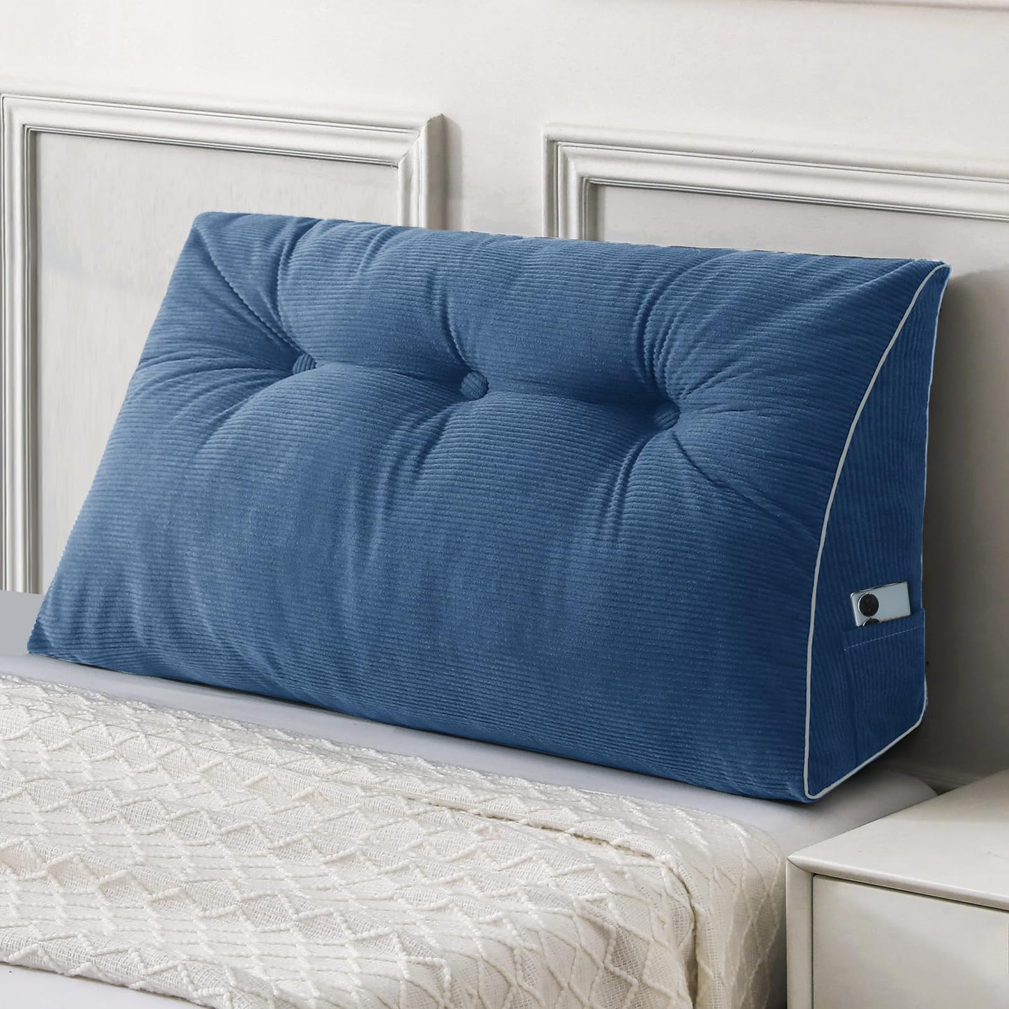 Bourkimi Queen Size Wedge Headboard Pillow Set with 2 Bolster Pillows, Velvet Back Support Reading Pillow with Removable Washable Cover