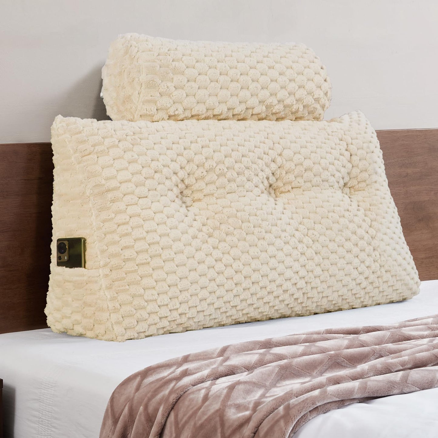 Bourkimi Queen Size Wedge Headboard Pillow Set with 2 Roll Pillows, Velvet Back Support Reading Pillow with Removable Washable Cover
