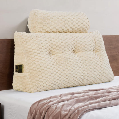 Bourkimi Queen Size Wedge Headboard Pillow Set with 2 Roll Pillows, Velvet Back Support Reading Pillow with Removable Washable Cover