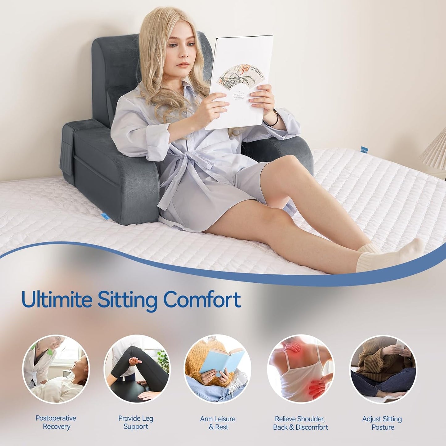 Bourkimi Adjustable Reading Pillow with Convertible Backrest, Memory Foam Bed Rest Pillow with Removable Arms and Side Pockets