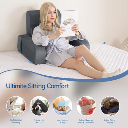 Bourkimi Adjustable Reading Pillow with Convertible Backrest, Memory Foam Bed Rest Pillow with Removable Arms and Side Pockets
