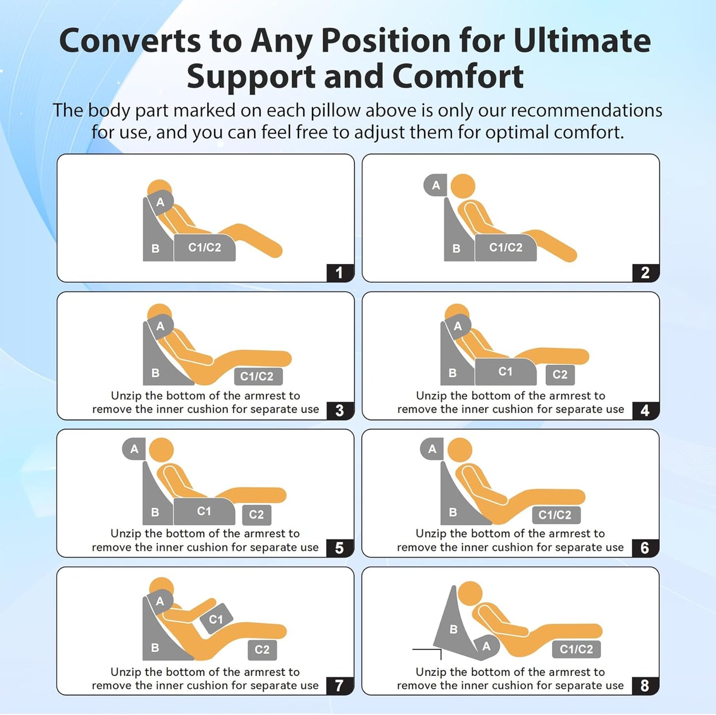 Bourkimi Medium Foam Reading Pillow with Detachable Arms and Headrest, Bed Rest Back Support Pillow with Side Pockets