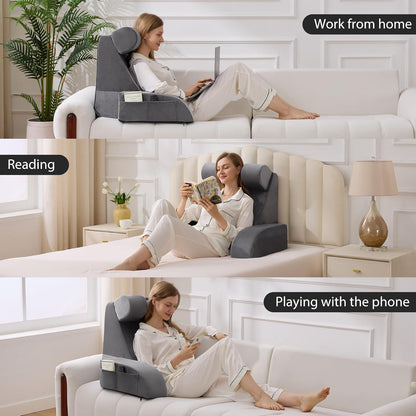 Bourkimi Medium Foam Reading Pillow with Detachable Arms and Headrest, Bed Rest Back Support Pillow with Side Pockets