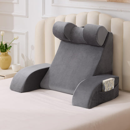 Bourkimi Medium Foam Reading Pillow with Detachable Arms and Headrest, Bed Rest Back Support Pillow with Side Pockets