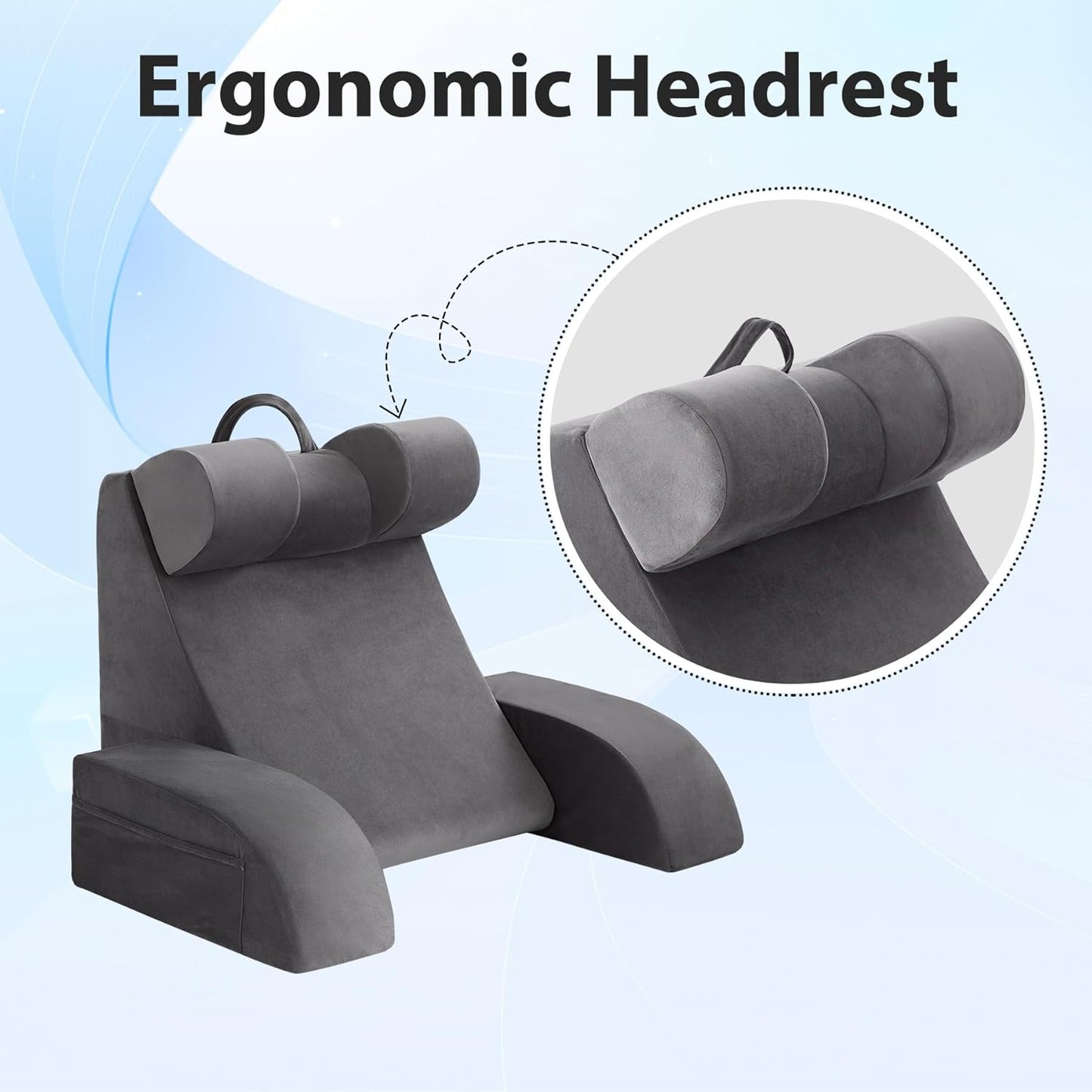 Bourkimi Medium Foam Reading Pillow with Detachable Arms and Headrest, Bed Rest Back Support Pillow with Side Pockets
