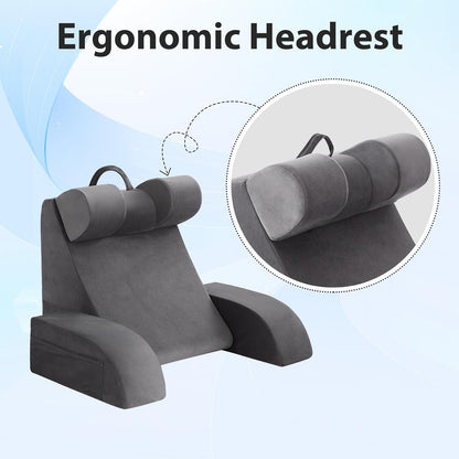 Bourkimi Medium Foam Reading Pillow with Detachable Arms and Headrest, Bed Rest Back Support Pillow with Side Pockets
