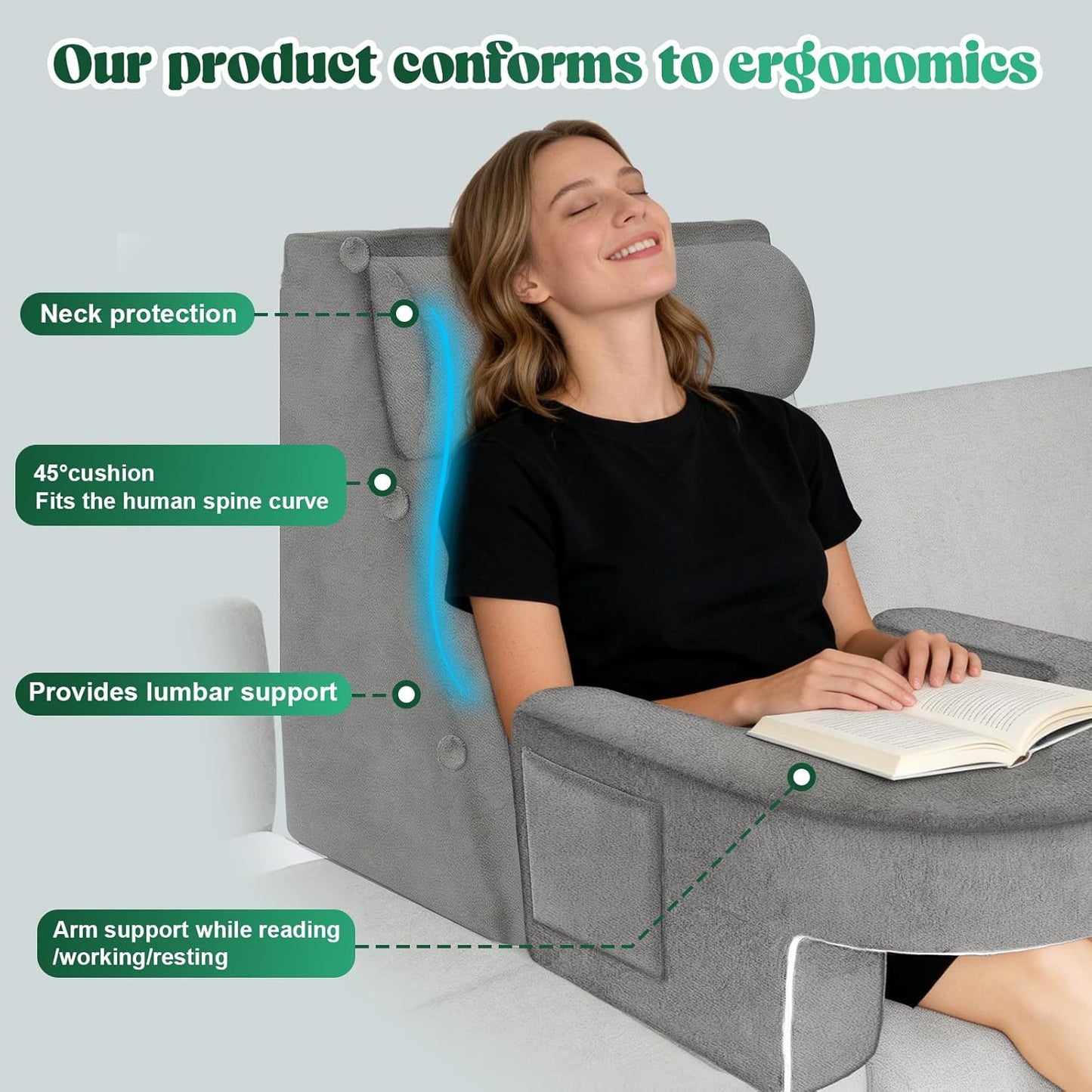 Bourkimi Adjustable 3-Piece Reading Wedge Pillow Set with Laptop Tray, Modular Bed Rest Support System with Side Pockets