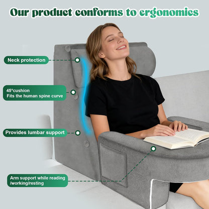 Bourkimi Adjustable 3-Piece Reading Wedge Pillow Set with Laptop Tray, Modular Bed Rest Support System with Side Pockets