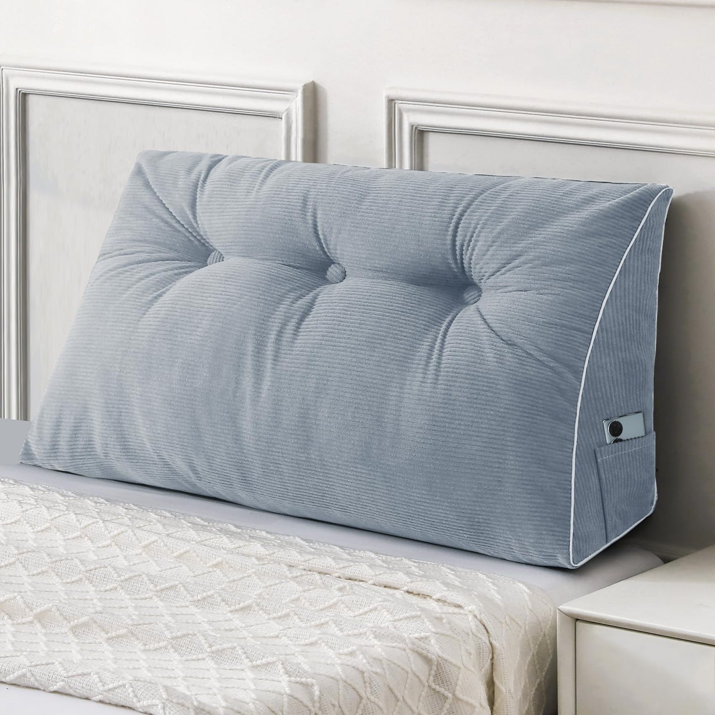 Bourkimi Queen Size Wedge Headboard Pillow Set with 2 Bolster Pillows, Velvet Back Support Reading Pillow with Removable Washable Cover
