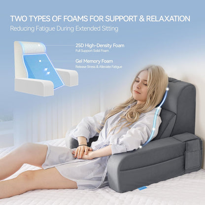 Bourkimi Adjustable Reading Pillow with Convertible Backrest, Memory Foam Bed Rest Pillow with Removable Arms and Side Pockets