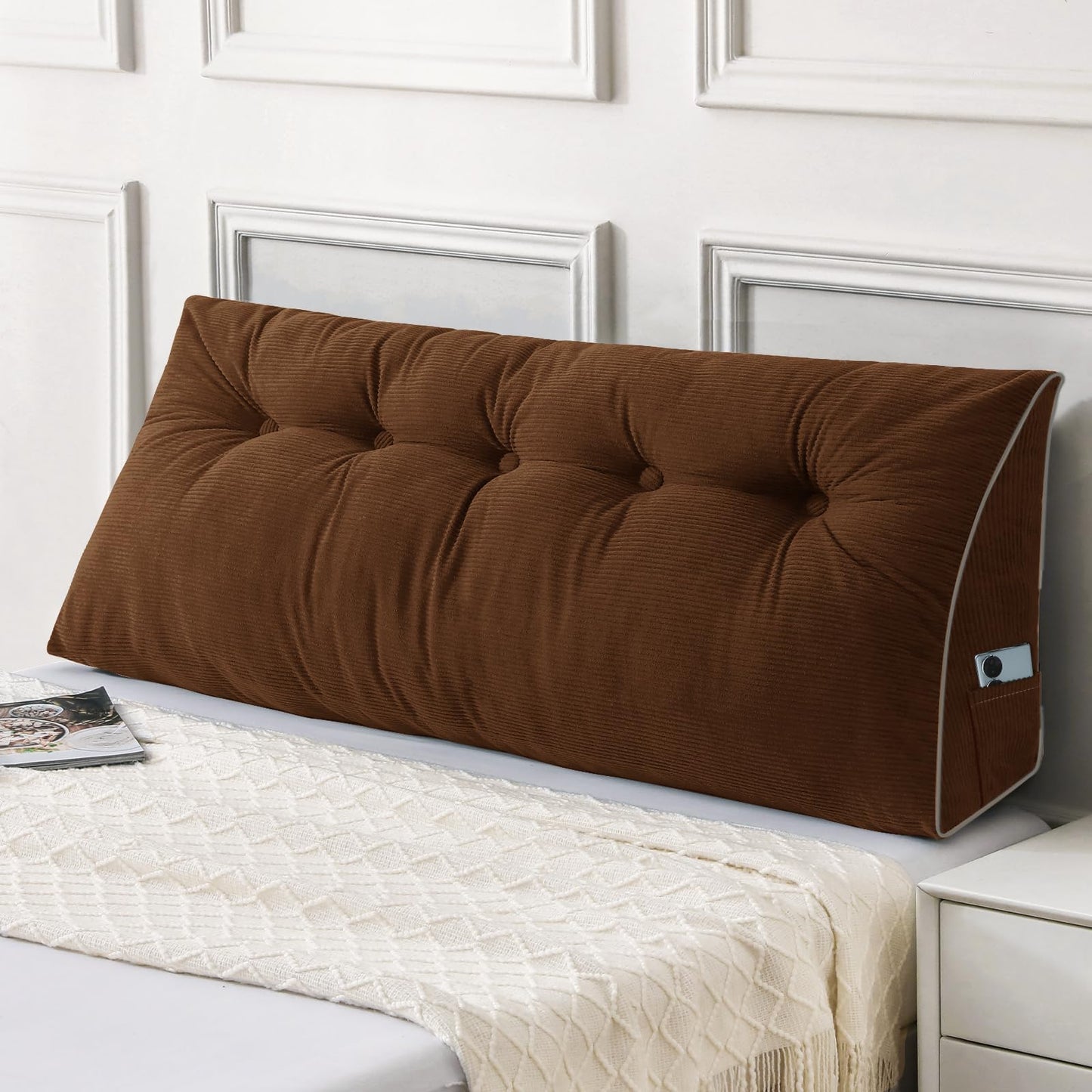 Bourkimi Queen Size Wedge Headboard Pillow Set with 2 Bolster Pillows, Velvet Back Support Reading Pillow with Removable Washable Cover