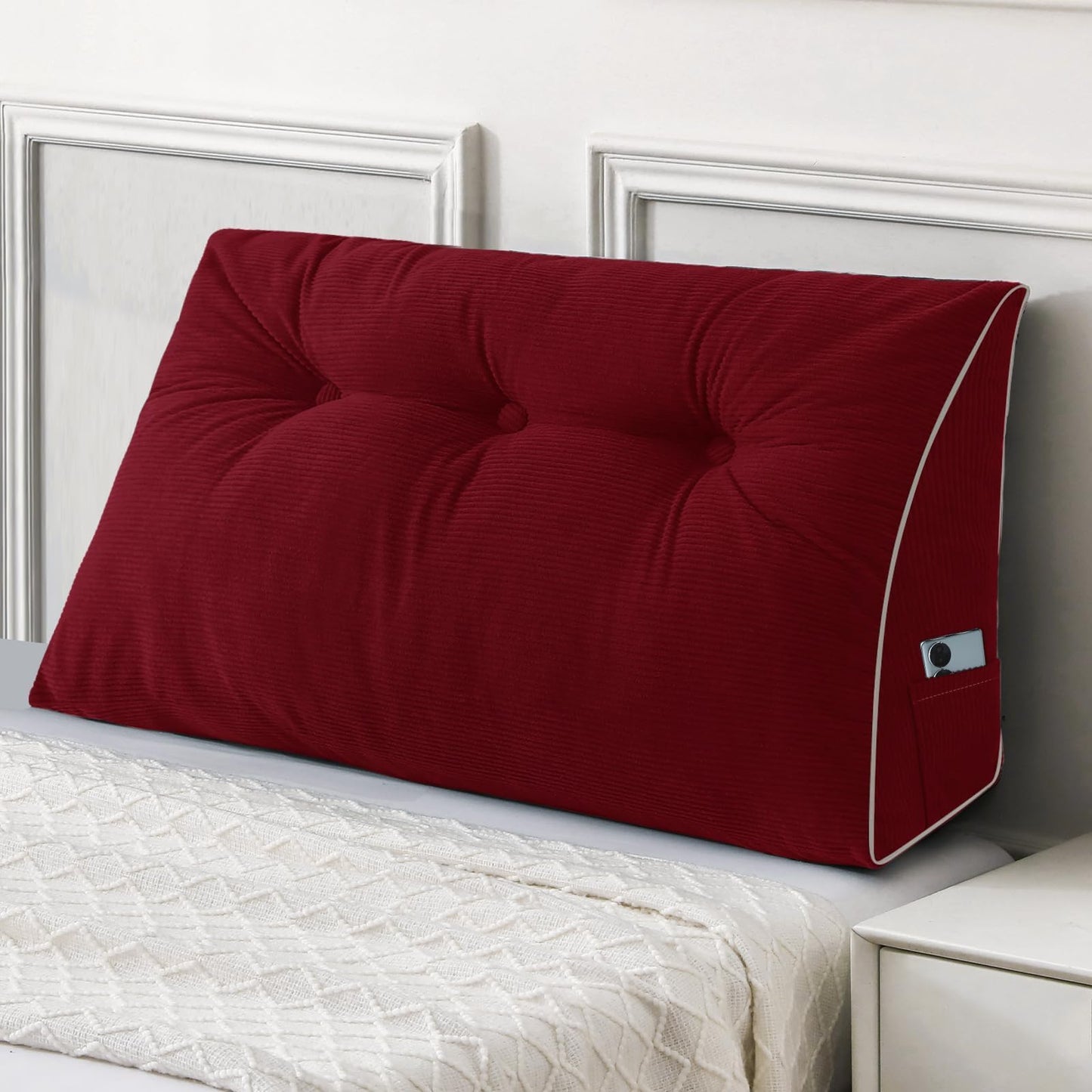 Bourkimi Queen Size Wedge Headboard Pillow Set with 2 Bolster Pillows, Velvet Back Support Reading Pillow with Removable Washable Cover