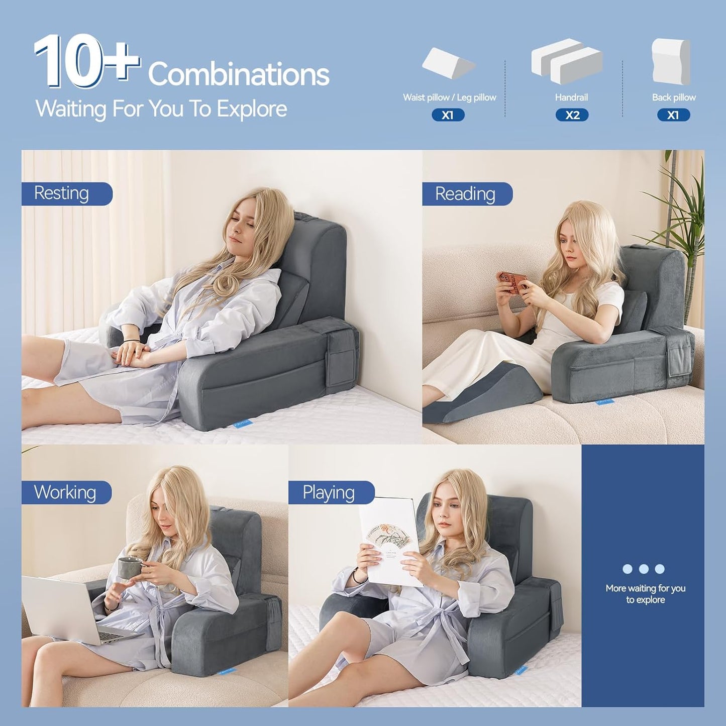 Bourkimi Adjustable Reading Pillow with Convertible Backrest, Memory Foam Bed Rest Pillow with Removable Arms and Side Pockets