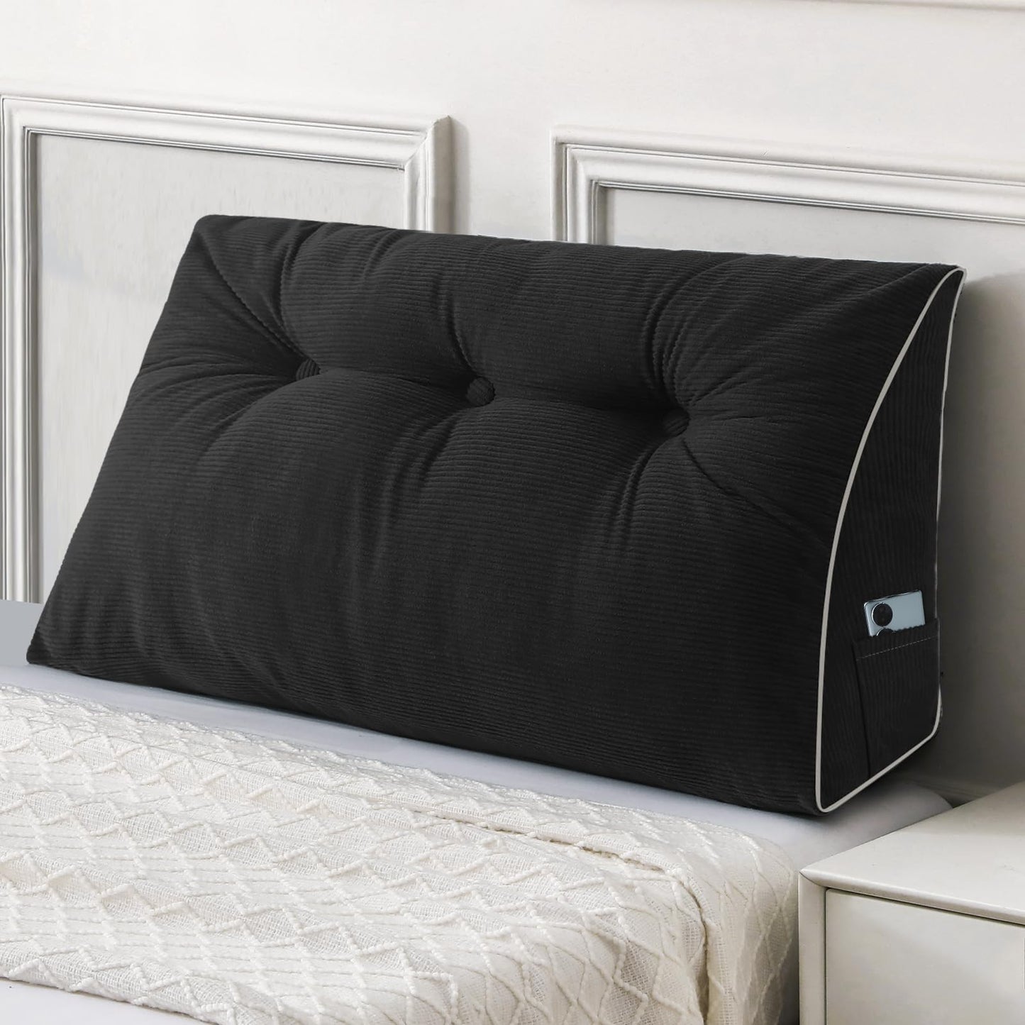 Bourkimi Queen Size Wedge Headboard Pillow Set with 2 Bolster Pillows, Velvet Back Support Reading Pillow with Removable Washable Cover