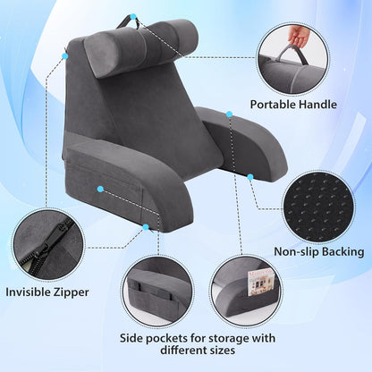 Bourkimi Medium Foam Reading Pillow with Detachable Arms and Headrest, Bed Rest Back Support Pillow with Side Pockets