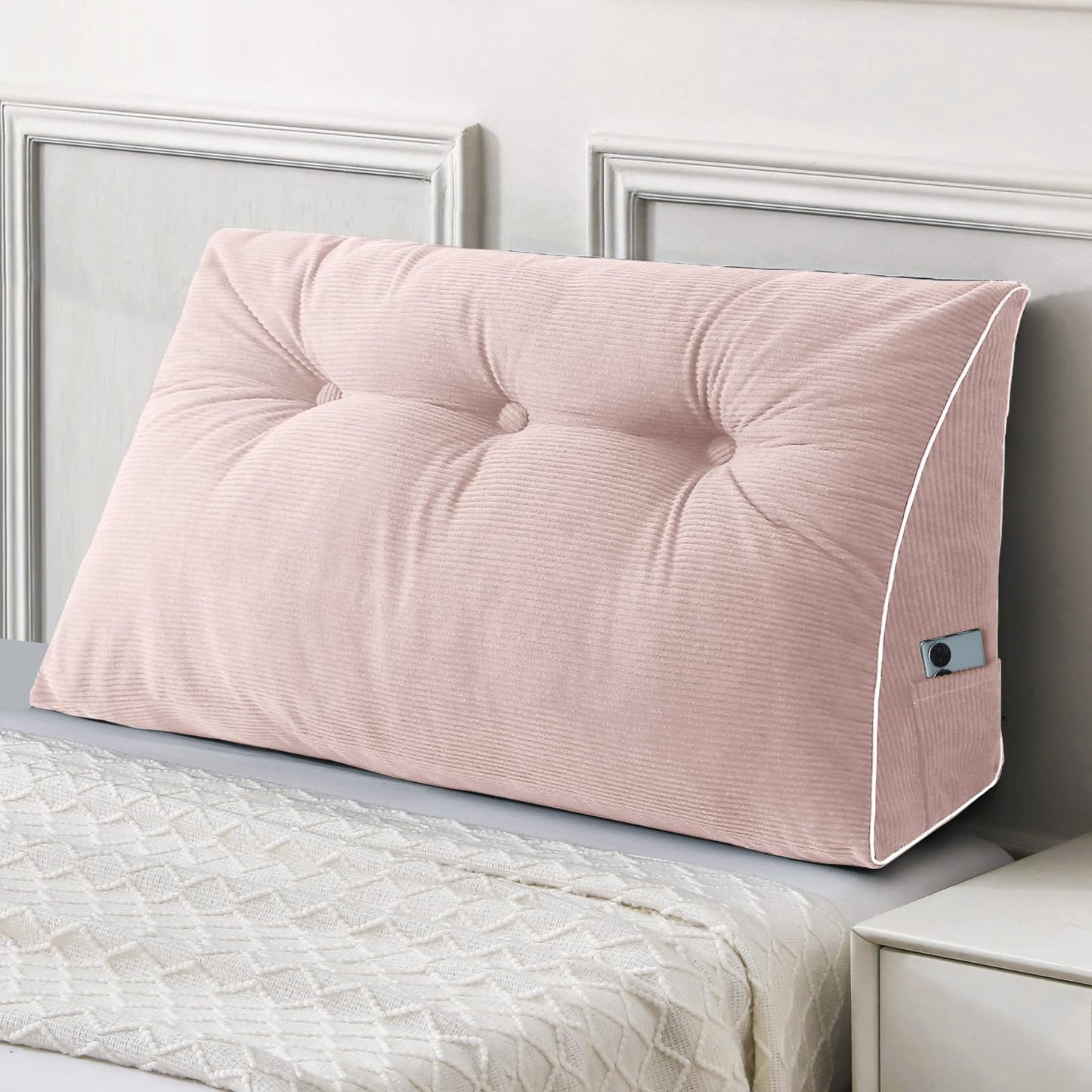 Bourkimi Queen Size Wedge Headboard Pillow Set with 2 Bolster Pillows, Velvet Back Support Reading Pillow with Removable Washable Cover