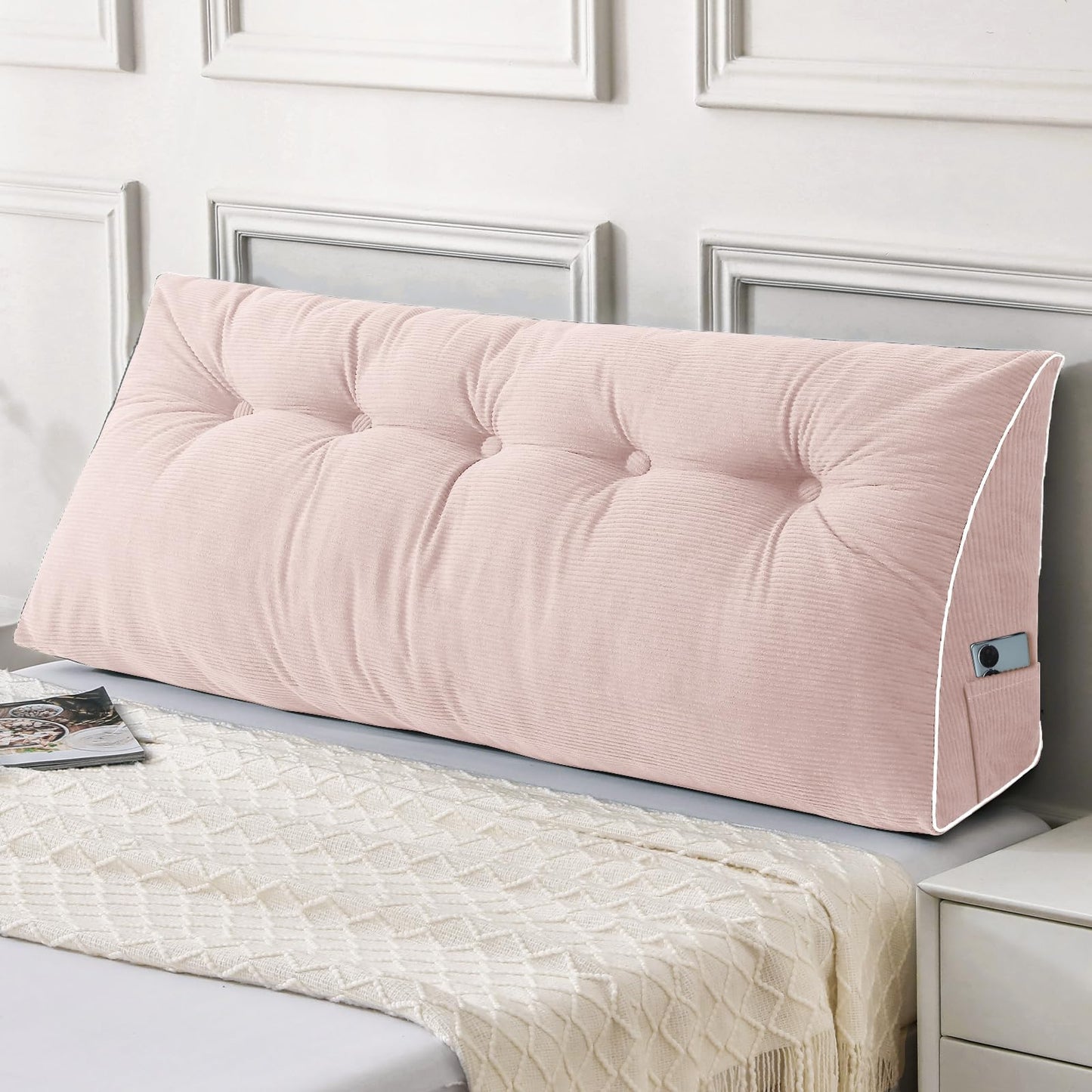 Bourkimi Queen Size Wedge Headboard Pillow Set with 2 Bolster Pillows, Velvet Back Support Reading Pillow with Removable Washable Cover