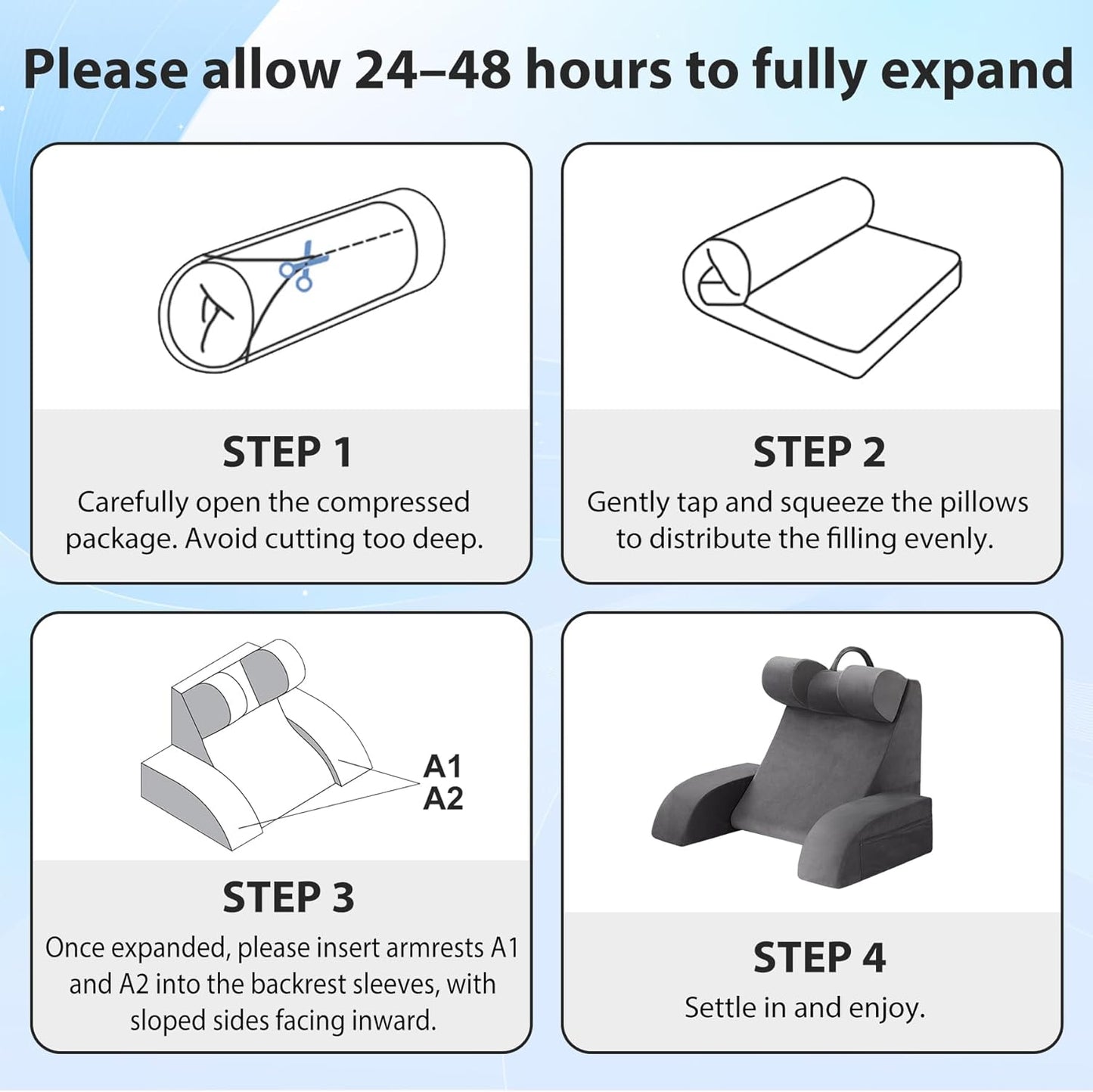 Bourkimi Medium Foam Reading Pillow with Detachable Arms and Headrest, Bed Rest Back Support Pillow with Side Pockets
