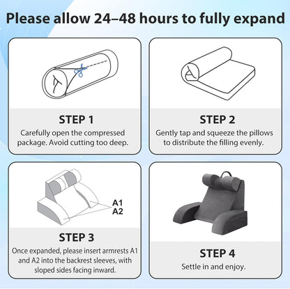 Bourkimi Medium Foam Reading Pillow with Detachable Arms and Headrest, Bed Rest Back Support Pillow with Side Pockets