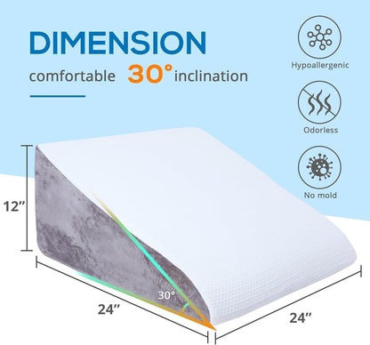 Bourkimi 24-Inch Memory Foam Bed Wedge Pillow with 30-Degree Incline, Ergonomic Back and Leg Support Pillow with Washable Cover