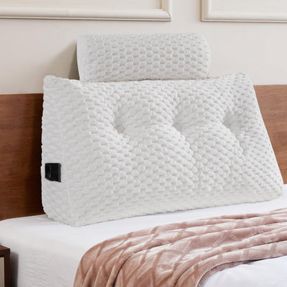 Bourkimi Queen Size Wedge Headboard Pillow Set with 2 Roll Pillows, Velvet Back Support Reading Pillow with Removable Washable Cover