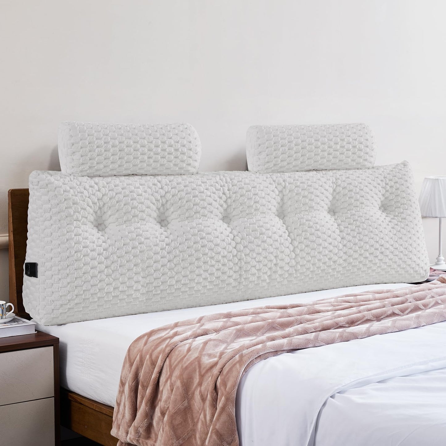Bourkimi Queen Size Wedge Headboard Pillow Set with 2 Roll Pillows, Velvet Back Support Reading Pillow with Removable Washable Cover