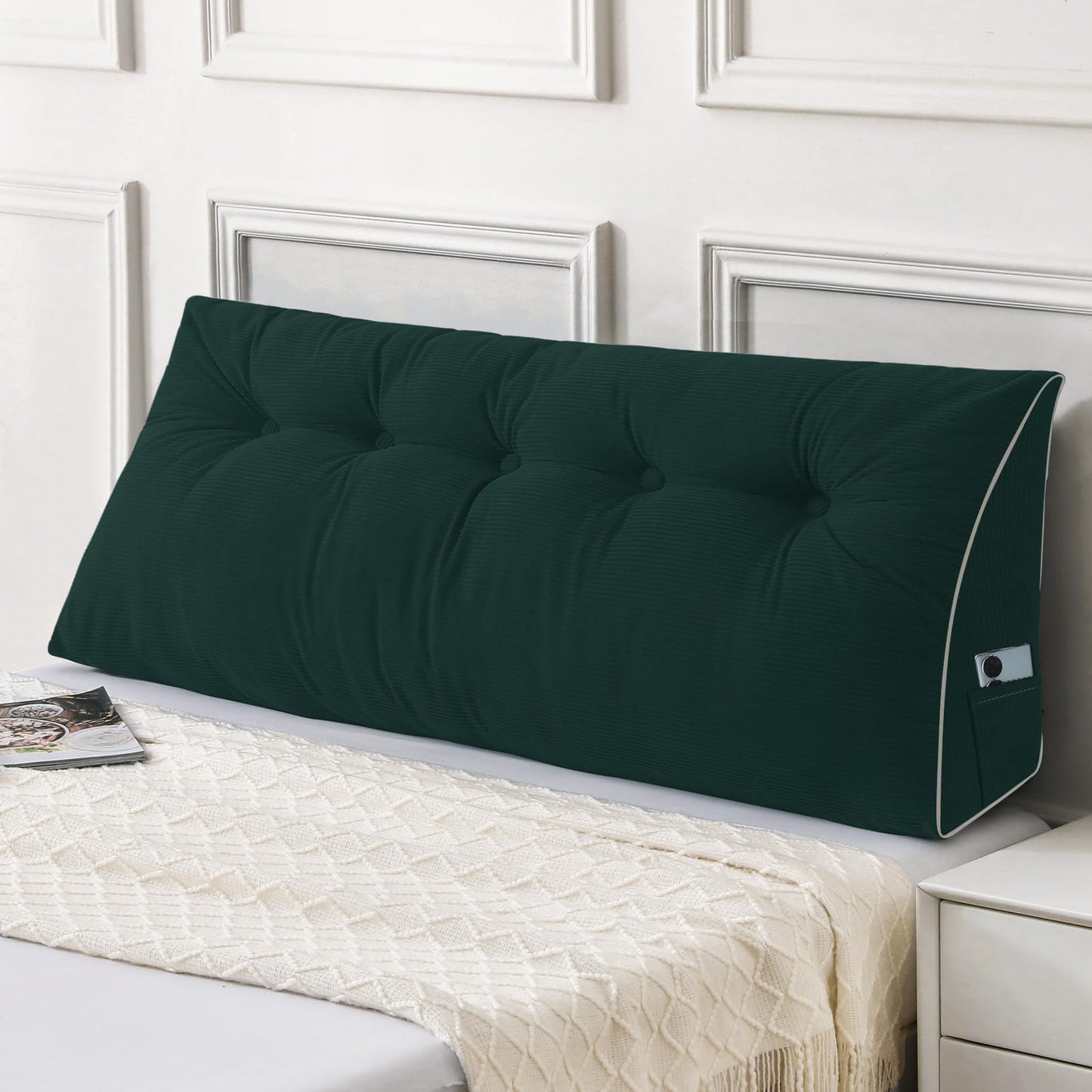 Bourkimi Queen Size Wedge Headboard Pillow Set with 2 Bolster Pillows, Velvet Back Support Reading Pillow with Removable Washable Cover